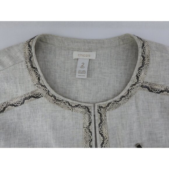 Chicos Linen Blend Jacket Womens Size 2 Neutral Snakeskin Trim Open Front - Picture 3 of 9